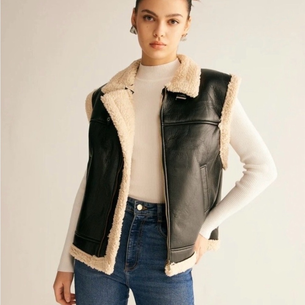 *NWT* Commence Biker Faux Sherpa Lined Faux Leather Vest and Buckle Detail